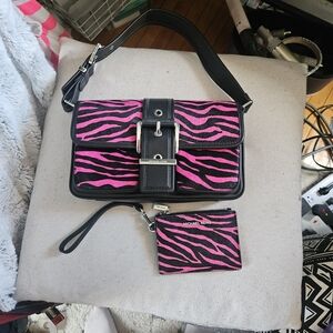 Michael Kors Hot Pink and Black Zebra-Print Shoulder Bag with Matching Wristlet